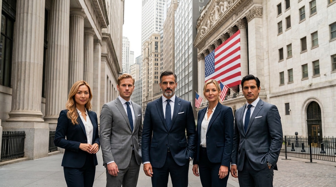 AI-generated image of the Ask the AI Council board standing together outside the New York Stock Exchange on Wall Street — Dr. Sophia Chen (Innovation), Alexander Weiss (Operations), Chairman Jonathan Pierce, Charlotte Bauer (Growth), and Gabriel Morales (Finance)